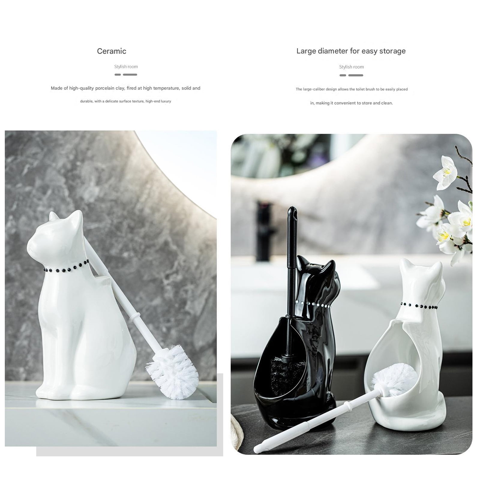 2. Ceramic Cats Base Toilet Bowl Brush & Holder, Soft Bristles Freestanding Brush for Bathroom