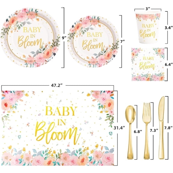 YUYAN-169 Pcs Baby in Bloom Baby Shower Decorations for Girl , Its a Girl Baby Shower Plates and Cups and Napkins Sets, Pink Floral Plates Serves 24, Spring Summer