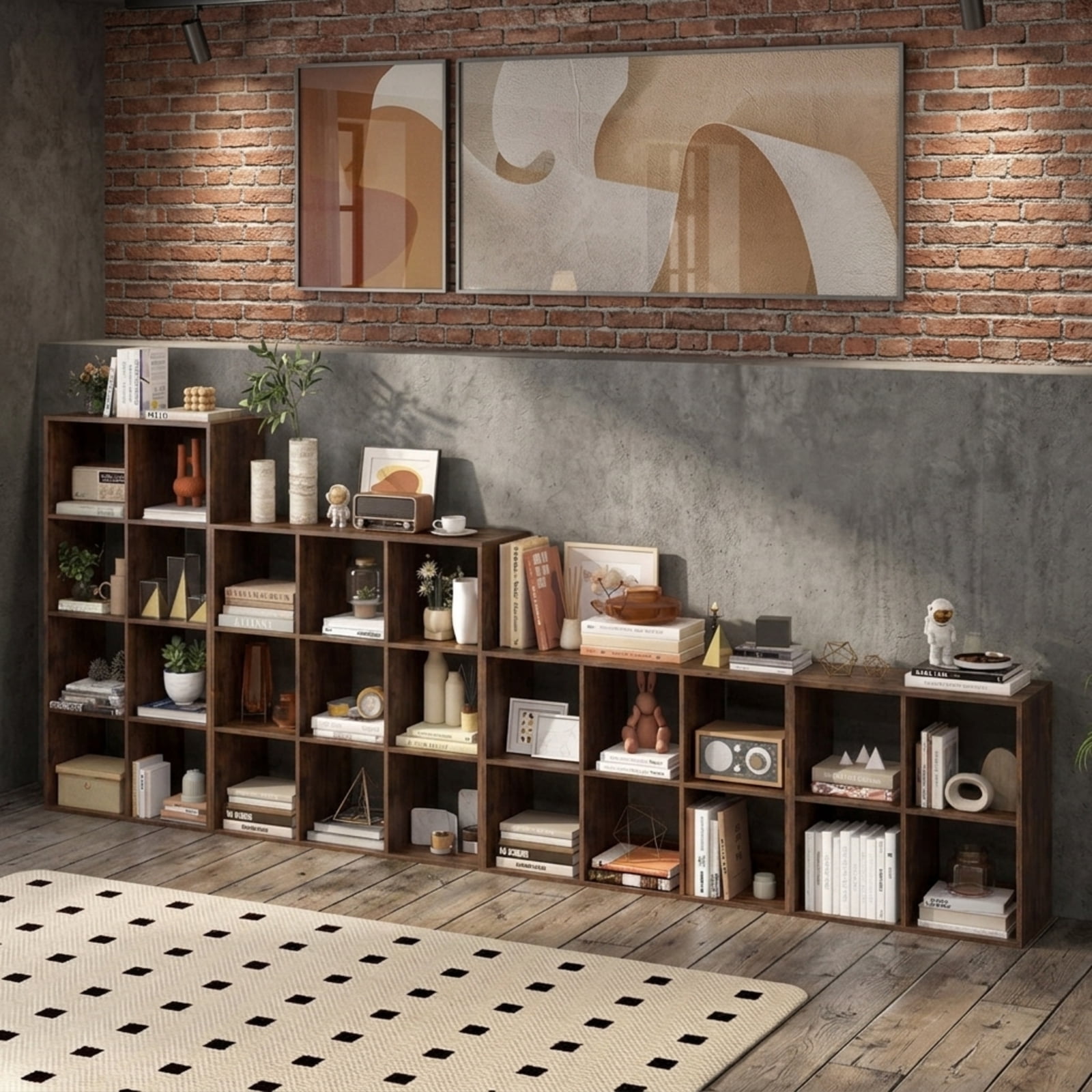 Furnibear 4-Cube Bookshelf with Back Guardrail Reinforced Crossbar and Anti-Tipping Kits for Living Room and Bedroom Books and Boxes, Coffee, Brown