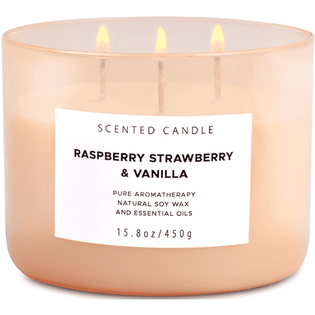 Raspberry Strawberry Vanilla Scented Candle 3 Wick Aromatherapy Candle Long Lasting and Clean Burning Soy Candle for Men and Women Relaxing Candle for Home Scented