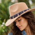 thumbnail image 5 of Qwertyu Wide Brim Western Cowboy Cowgirl Hat with Wind Lanyard Felt Fedora Hat for Men Women Beige, 5 of 6
