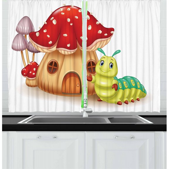 Ambesonne Caterpillar Kitchen Curtains, Mushroom House Bug, 55"x39", Multicolor