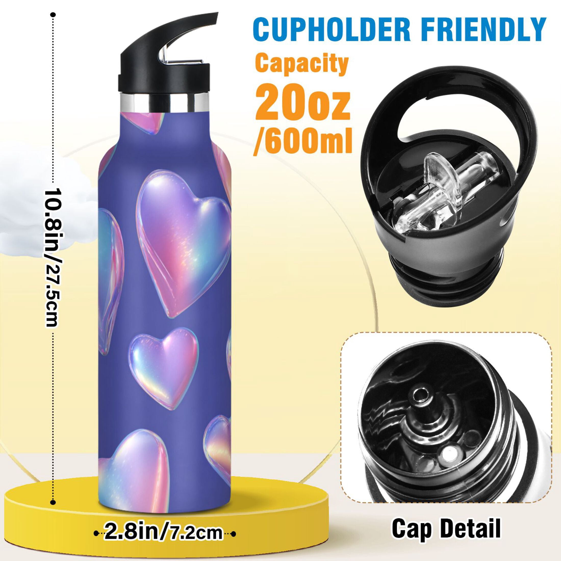 Kids Insulated Stainless Steel Sports Water Bottle 600ml (20oz) Pink-purple Hearts
