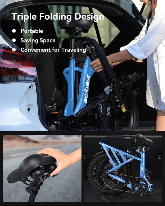 Actbest Electric Bike for Adults, 20'' Fat Tire Folding Ebike with Peak 1200W Motor, 7 Speed 28MPH, Adjustable Bike Stem,(Blue) with Saddle Bag