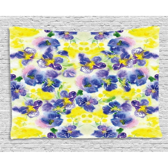 Watercolor Flower House Decor Tapestry, Butterfly Violet Field Garden in Vivid Colors Nature Print, Wall Hanging for Bedroom Living Room Dorm Decor, 80W X 60L Inches, Yellow Purple, by Ambesonne