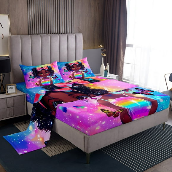 Black Girl Princess Toddler Twin Size Sheet Sets for Kids Little Girls Rainbow Sheets, Colorful Butterfly Bed Set Aesthetic Psychedelic Galaxy Bed Sheets Set, Twinkle Stars Fitted Sheet