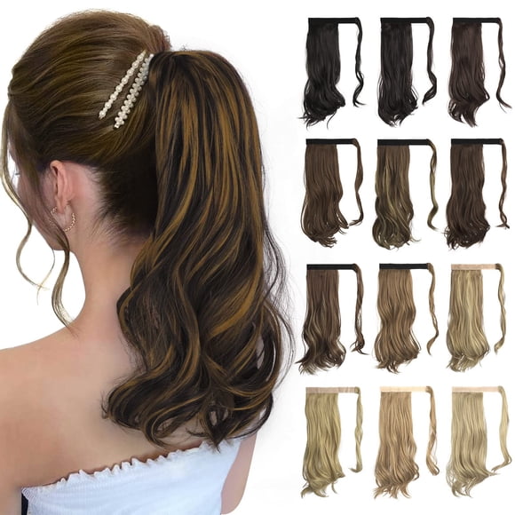 Sofeiyan Curly Ponytail Extension 15 Inch Heat Resistant Synthetic Natural Wavy Hairpiece Wrap Around Pony Tail Hair Extensions for White Black Women Hair Piece, Dark Brown mix Strawberry Blonde Uneve