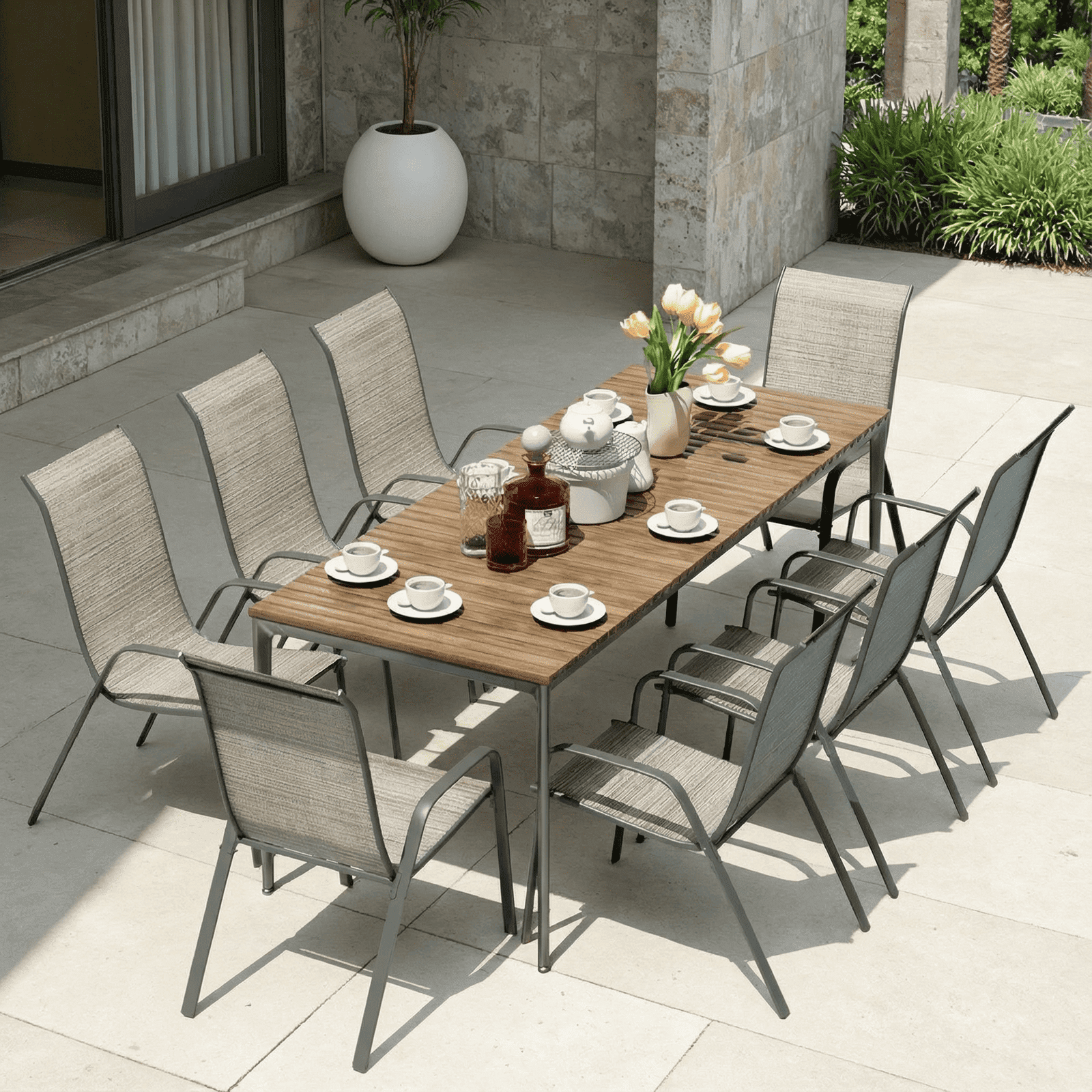 Arlopu Patio Dining Chairs Set of 8, Outdoor Dining Chairs with Steel Frame & All-Weather Textilene, Stacking Chairs for Poolside Backyard Garden