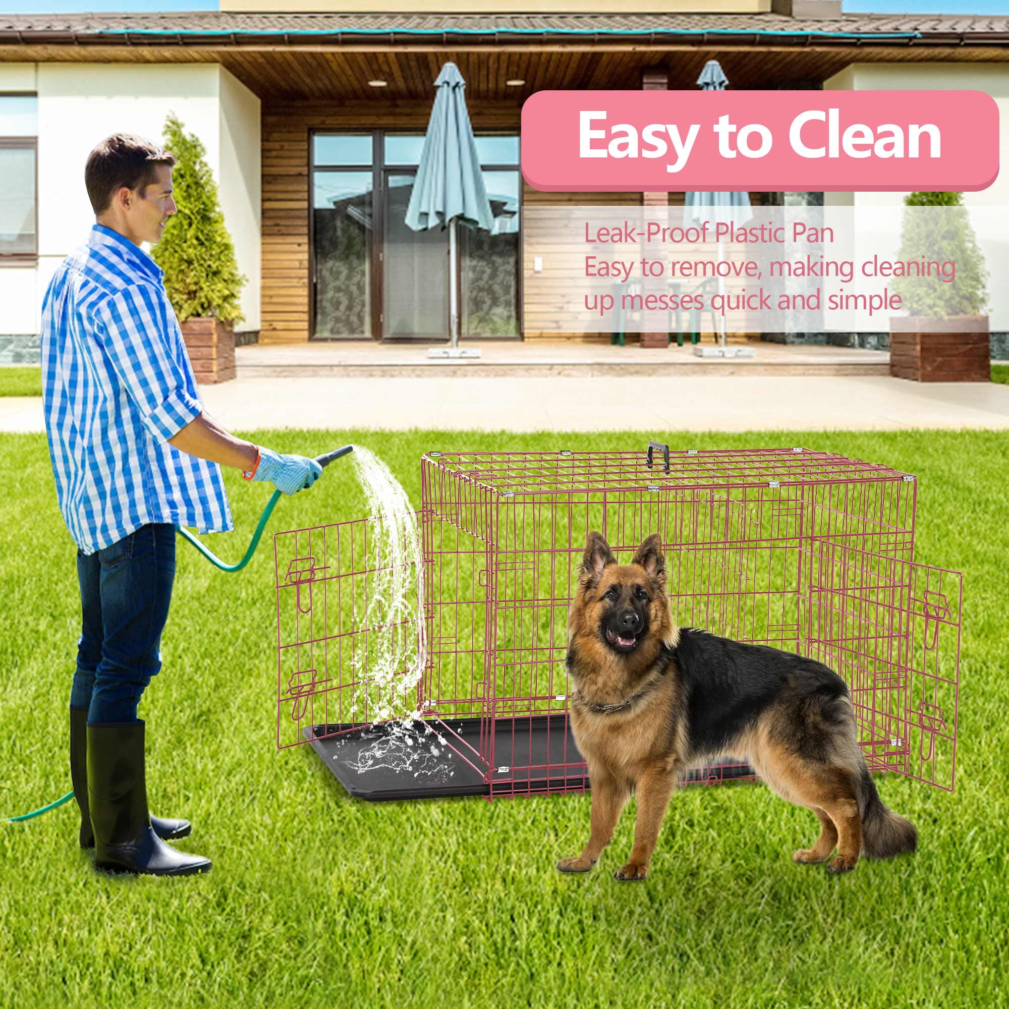 YRLLENSDAN 42inch Dog Crate, Large Dog Kennel Indoor Large Dog Crate Metal Dog Crate with Divider & Double-Door Big Dog Cage Foldable Dog Crate Wire Dog Crate, Pink