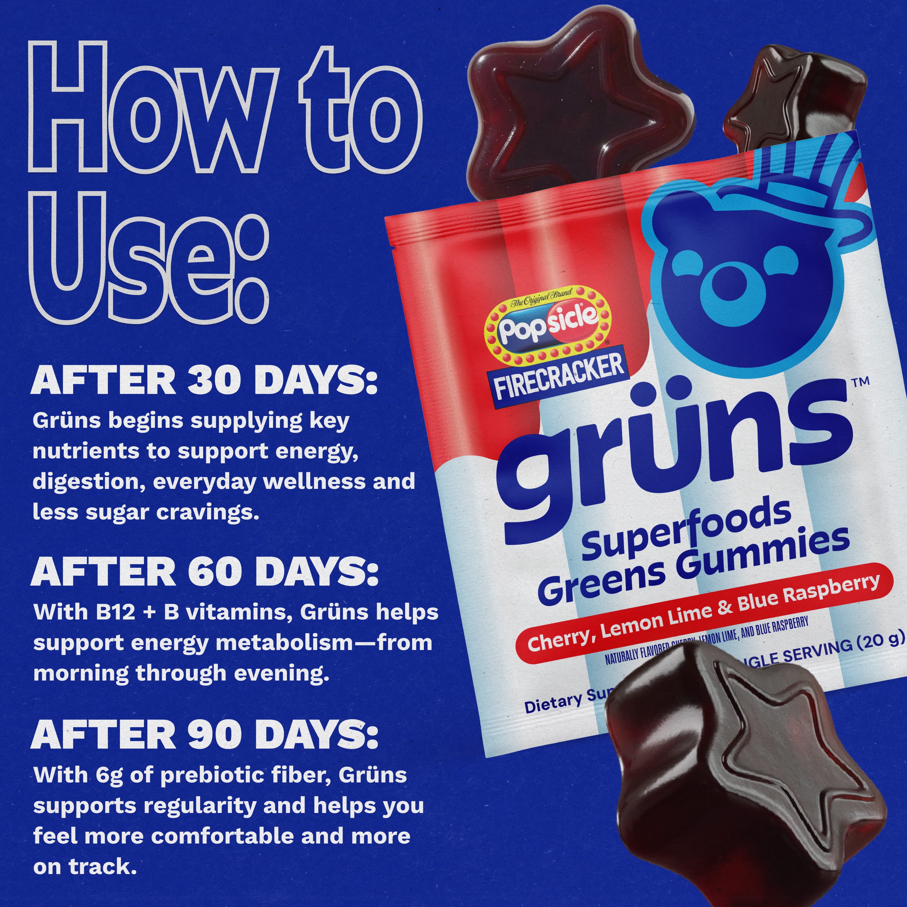 Gruns Firecracker Popsicle Sugar Free Superfoods Greens Gummies - 12 Servings