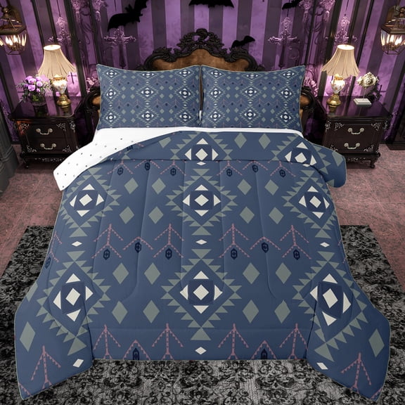 Manfei Adult Tribal Hippie Queen Comforter Set, Western Bohemian Aztec Bedding Sets, Fashion Blue Square Triangle Reversible Bedding Comforter Set, Microfiber Bedroom Decor, 3 Pieces