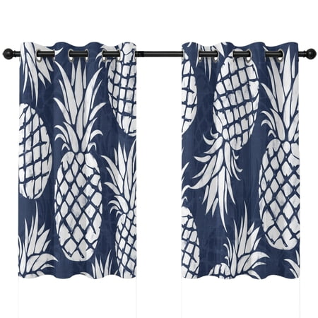Indigo Blue Pineapple Blackout Curtains 45 Inches Long Summer Country Vintage Tropical Botanical Fruits Thermal Insulated Room Darkening Drapes with Grommets for Living Room 42 W x 45 L 2 Panels