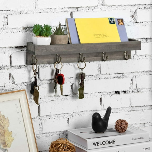 MyGift 16 Inch Vintage Gray Wood Small Wall-Mounted Entryway Floating Mail Sorter Shelf