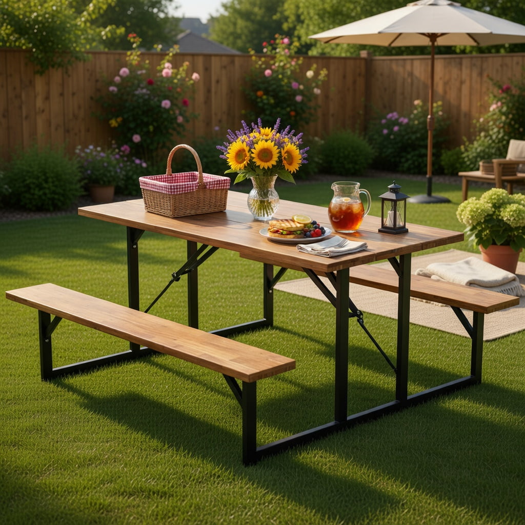 Hommoo 6-Person Acacia Wood Outdoor Picnic Table Set with Built-In Benches, Heavy-Duty Metal Frame, Umbrella Hole, Deck & Patio Ready, Brown & Black