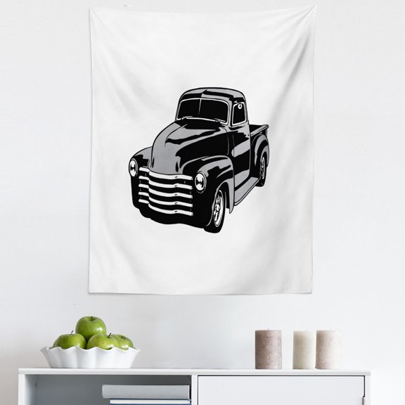 Trucks Tapestry, Pickup Car Drawing in Cartoon Design Classic Nostalgic American Vehicle, Fabric Wall Hanging Decor for Bedroom Living Room Dorm, 5 Sizes, Black Grey and White, by Ambesonne