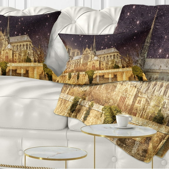 Designart Notre Dame Cathedral at Night - Cityscape Photo Throw Pillow - 12x20