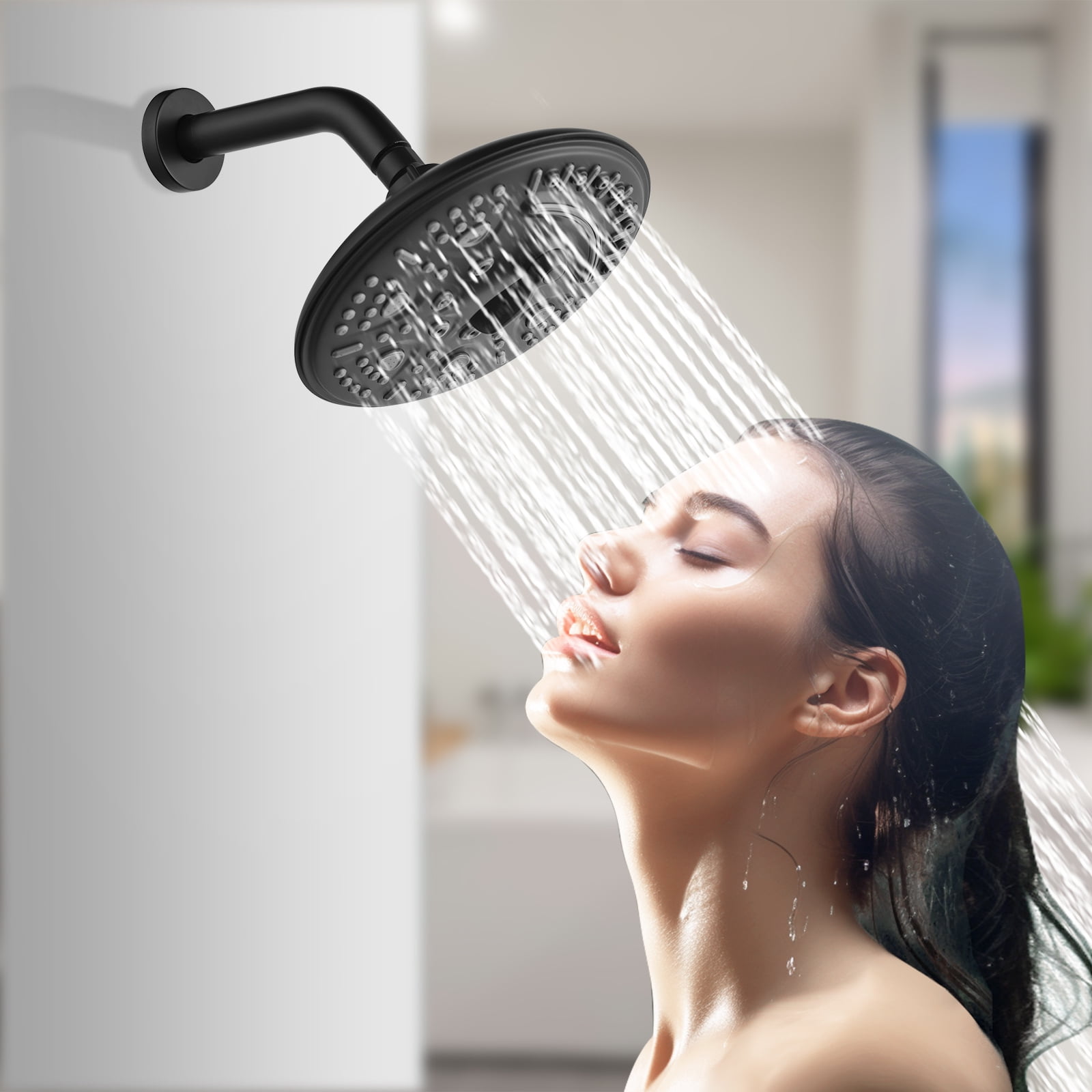 Cobbe 8-Inch Single Handle Bathroom Rain Shower Head Set with 6-Spray Patterns ABS Rainshower Showerhead Matte Black