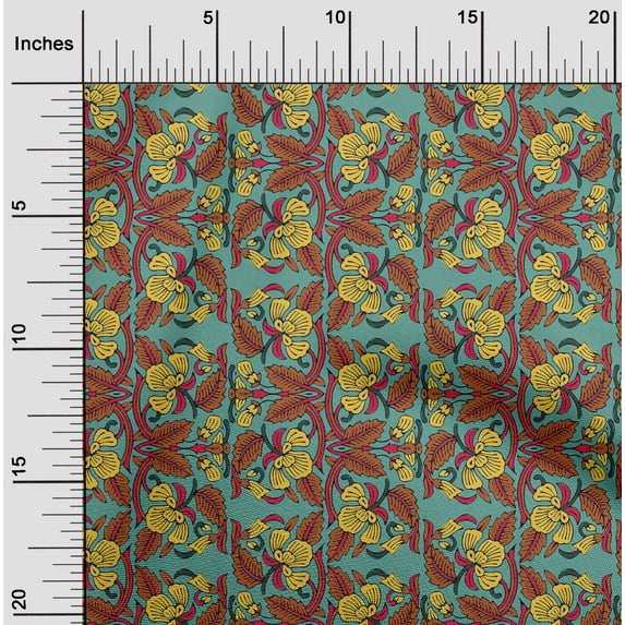 oneOone Polyester Lycra Fabric Leaves & Floral Block Printed Fabric 1 Yard 56 Inch Wide