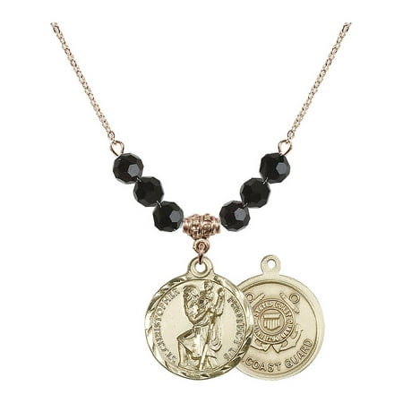 18-Inch Hamilton Gold Plated Necklace with 6mm Jet Birth Month Stone Beads and Saint Christopher / Coast Guard Charm