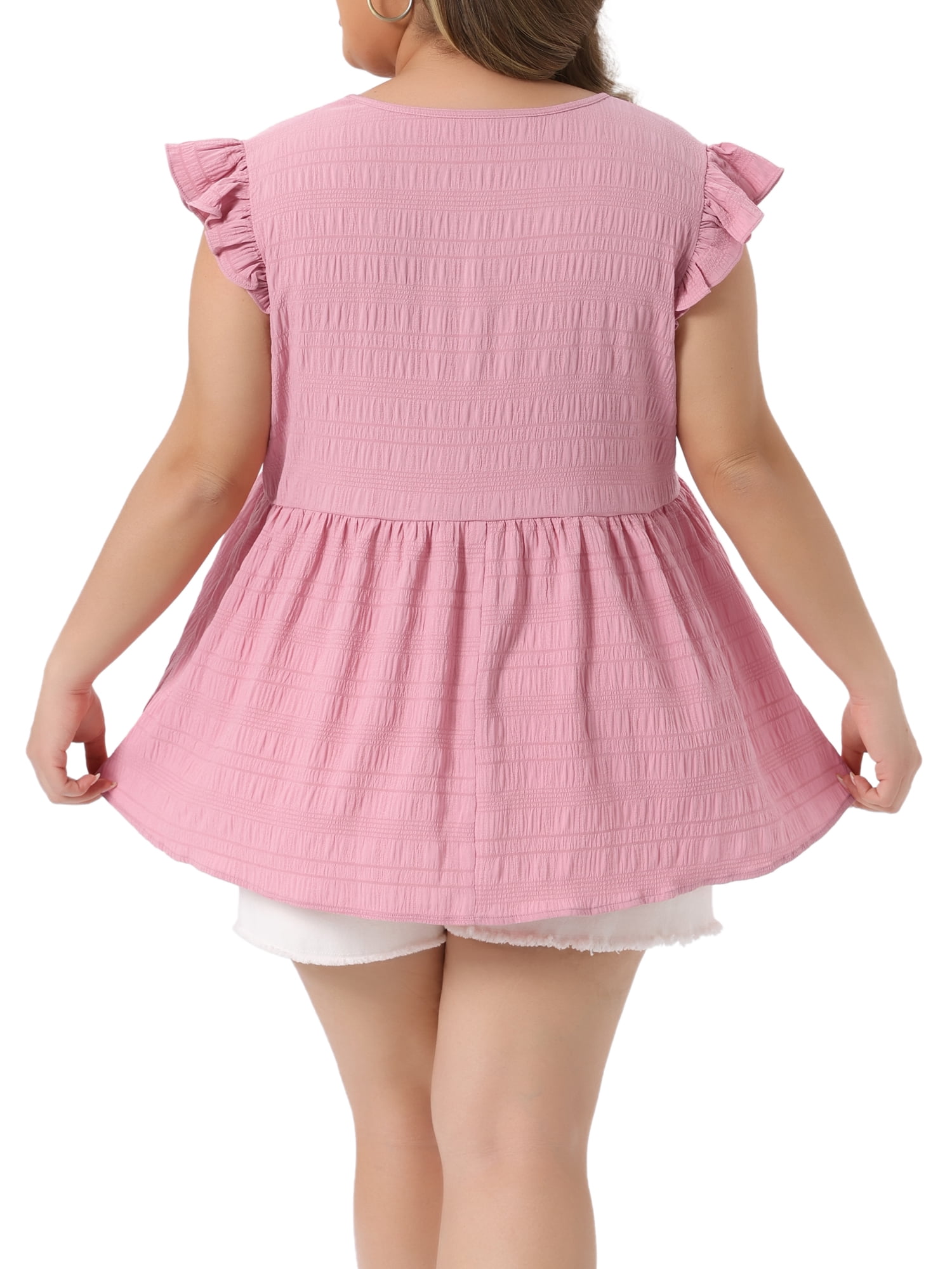 DARING DIVA Women's Plus Textured Tops Summer V Neck Ruffle Blouses 2X Pink