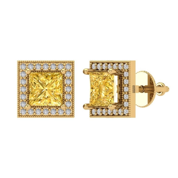 2.24 ct Screw-Back Stud Earrings for Women | 5.5mm Princess Cut Simulated Yellow Diamond | 18K Yellow Gold