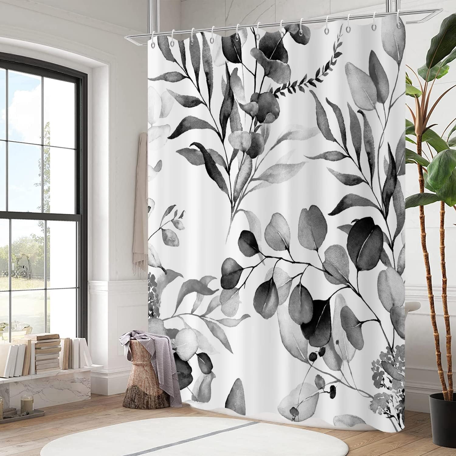 Black Eucalyptus Leaf Stall Shower Curtain, Black Botanical Watercolor Plants Bathroom Curtain Bathtub Home Decor Waterproof Fabric Machine Washable with 6PCS Hooks,36" Wx72 L