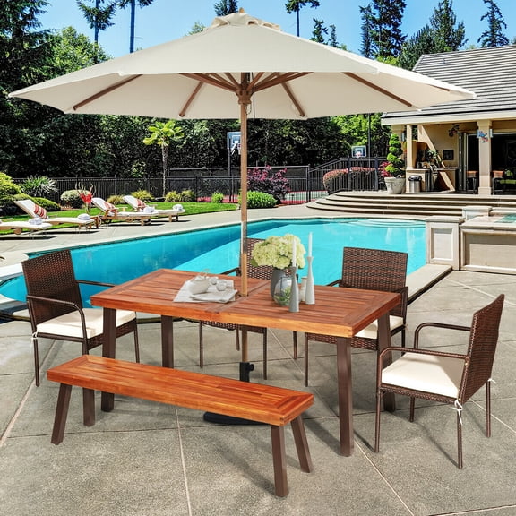 Gymax 6PCS Patio Rattan Dining Set Acacia Wood Tabletop Cushioned Chair