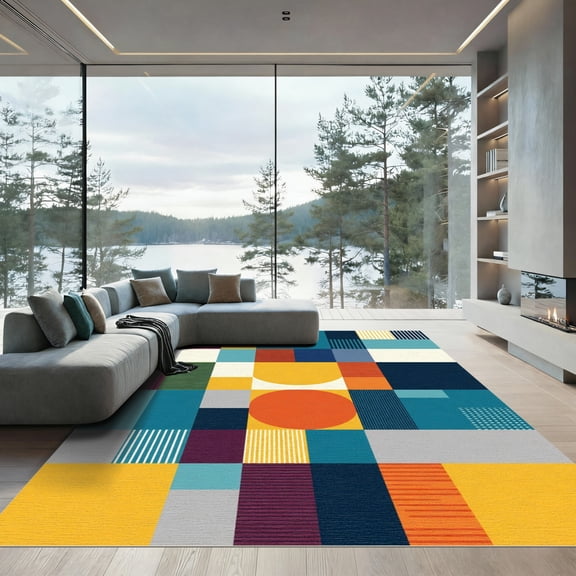 ODIKA 4'x6' Machine Washable Non-Slip Area Rug, Geometric Teal High Traffic Rug, Blue, 1074341