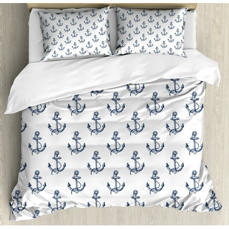 - Anchor Duvet Cover Set, Hand Drawn Style Anchors Sailing Cruise Trip Theme Summer Vacation Sketch Art, Decorative Bedding Set with Pillow Shams, Dark Blue White, by Ambesonne