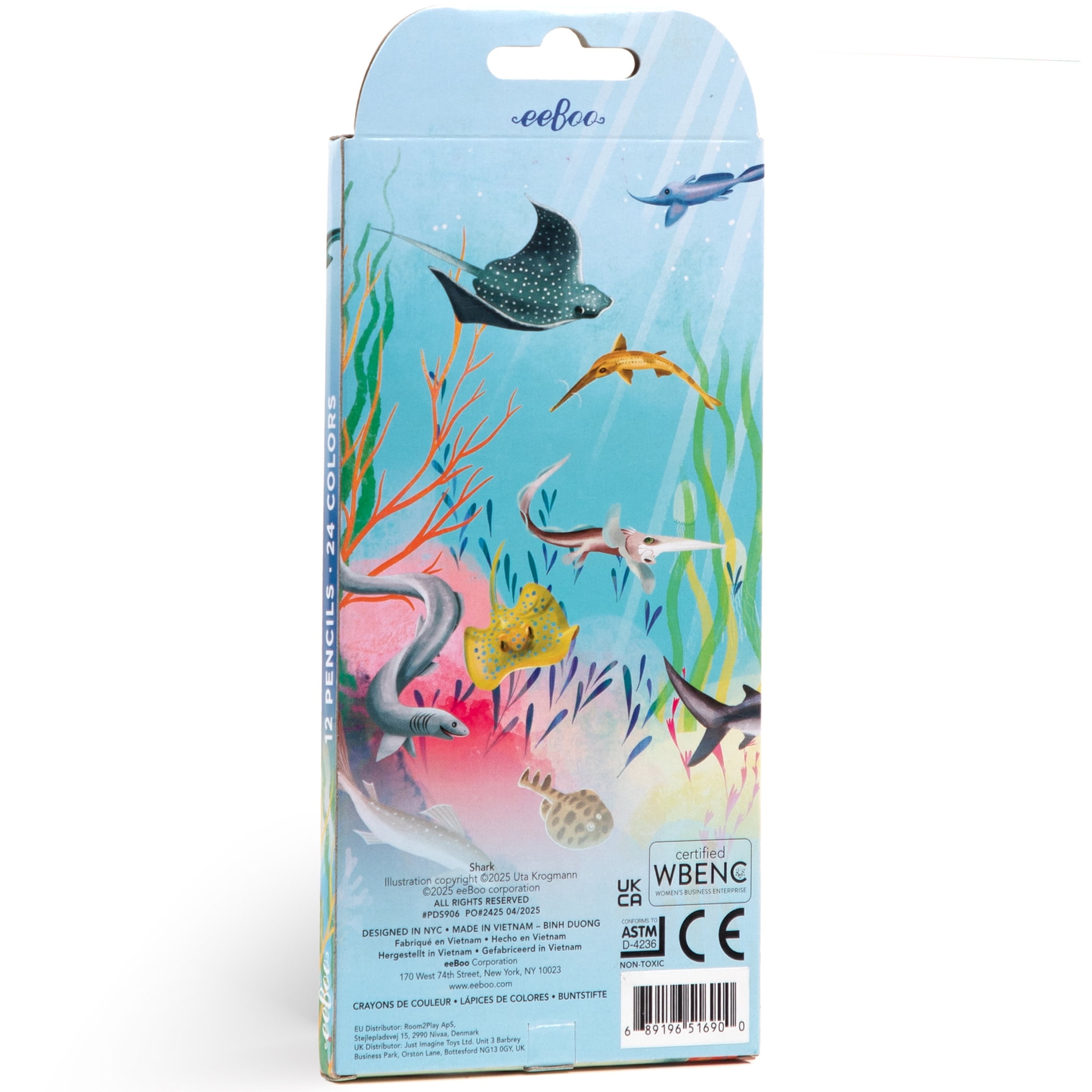eeBoo: Double-Sided Colored Pencils - Shark – 12pc Set, 24 Vibrant Metallic & Fluorescent Shades, Silver Foil Barrels, Kids Art & Drawing Supplies