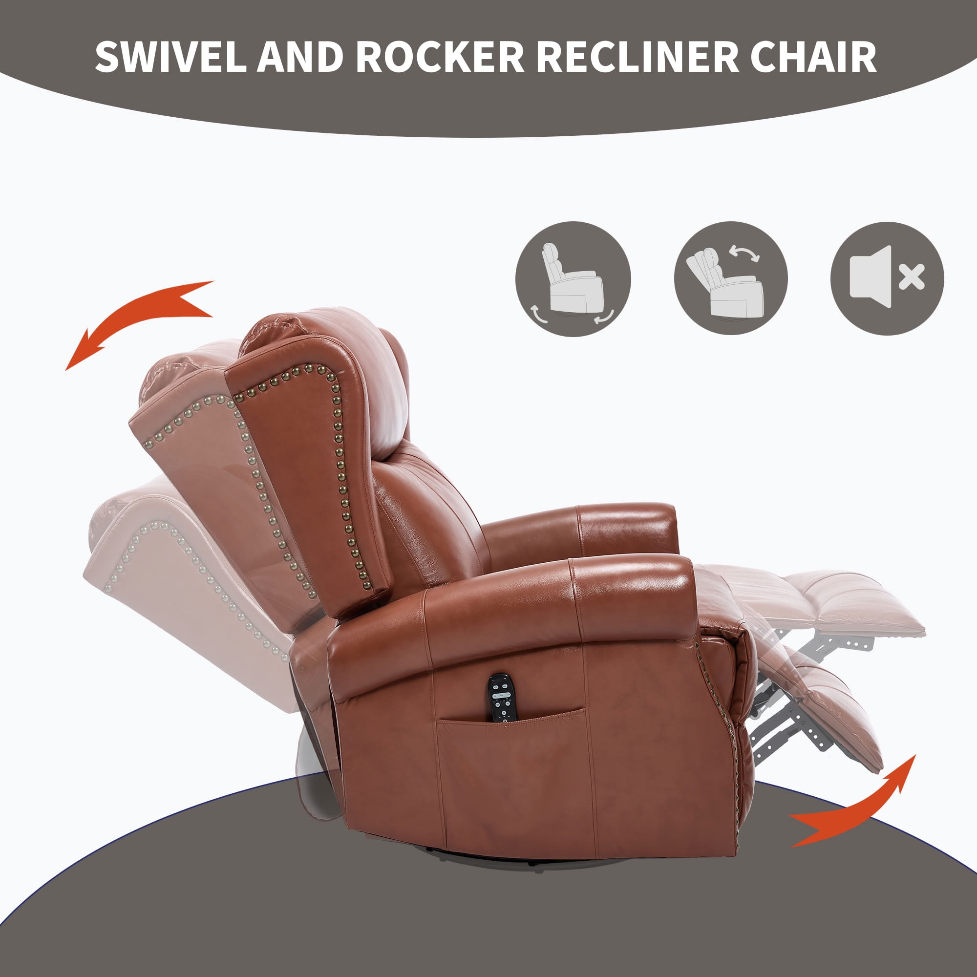 MAYEERTY 360 Degree Swivel Rocker Recliner Chair, Genuine Leather Manual Recline Glider Armchair with 8-Point Vibration Massage & Lumbar Heat, for Living Room Home Theater