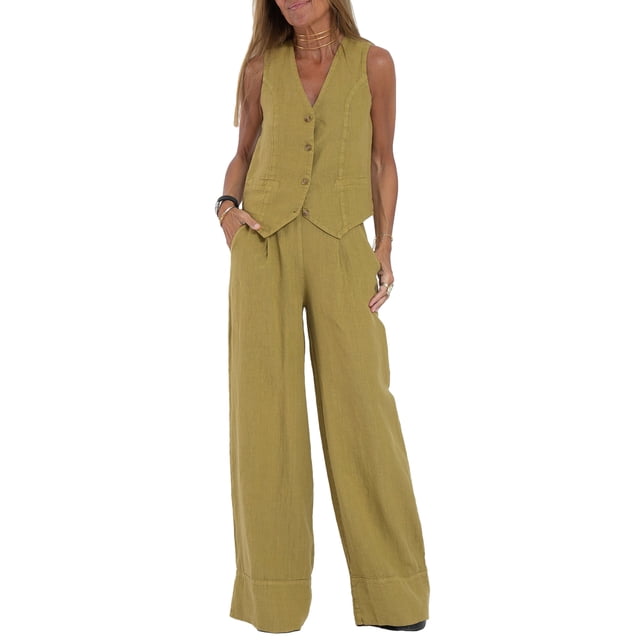 Gupgi Women 2 Piece Blazer Suit Solid Color Sleeveless V Neck Button Tank Tops Wide Leg Pants