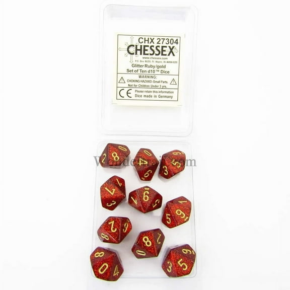 Ruby Glitter Dice with Gold Pips D10 16mm (5/8in) Pack of 10 Chessex