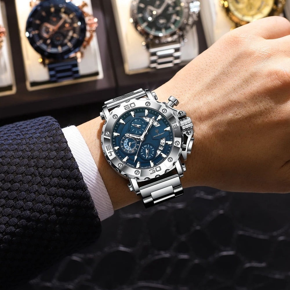 Poedagar Chronograph Watch For Men Luminous Waterproof Alloy Case Stainless Steel Men's Quartz Watch