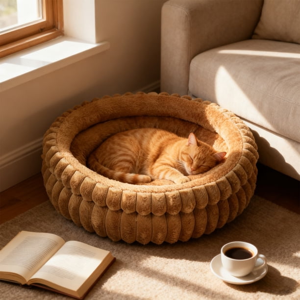 Cama redonda de felpa de invierno para gatos, adecuada para gatos y perros pequeños. Cama redonda y esponjosa para mascotas. Cama para mascotas cómoda, suave y cálida.
