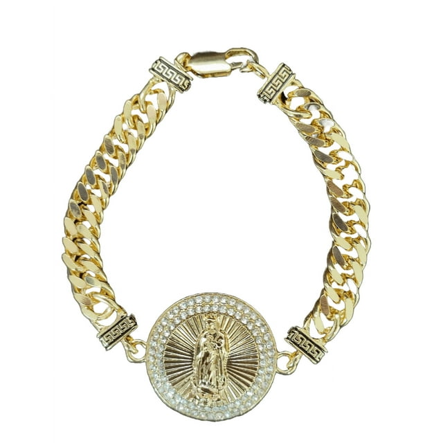 Esclava Virgen de Guadalupe Maria Almudena de oro laminado 18 kilates medalla redonda con zirconias blancas