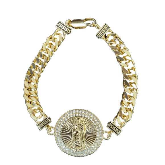 Esclava Virgen de Guadalupe Maria Almudena de oro laminado 18 kilates medalla redonda con zirconias blancas