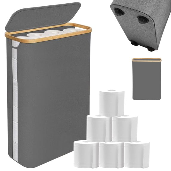 ZYNERY 50l estante de almacenamiento de papel higiénico con tapa - capacidad para 24 o 18 rollos, almacenamiento de papel , cesta de papel higiénico de baño que ahorra espacio (Gris)
