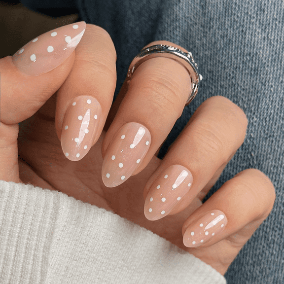Curvlife short almond polka-dots soft gel press on nails nude chrome-metallic patterns-prints easy apply nail art