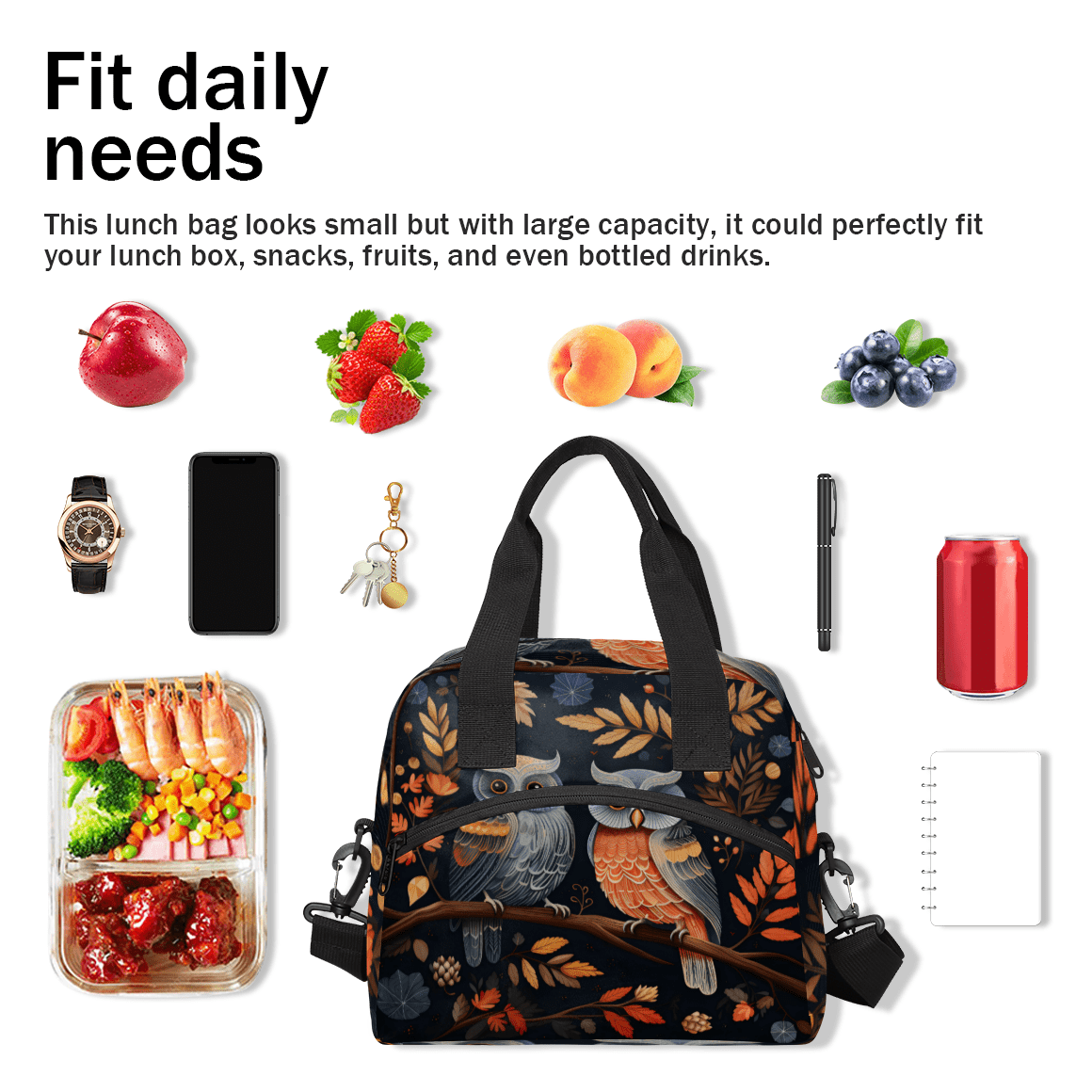 Herdesigns Cartoon Owl Insulated Lunch Bag for Women Men Adults Large Reusable Lunch Box Cute Owls Leakproof Cooler Tote Bags with Adjustable Shoulder Strap