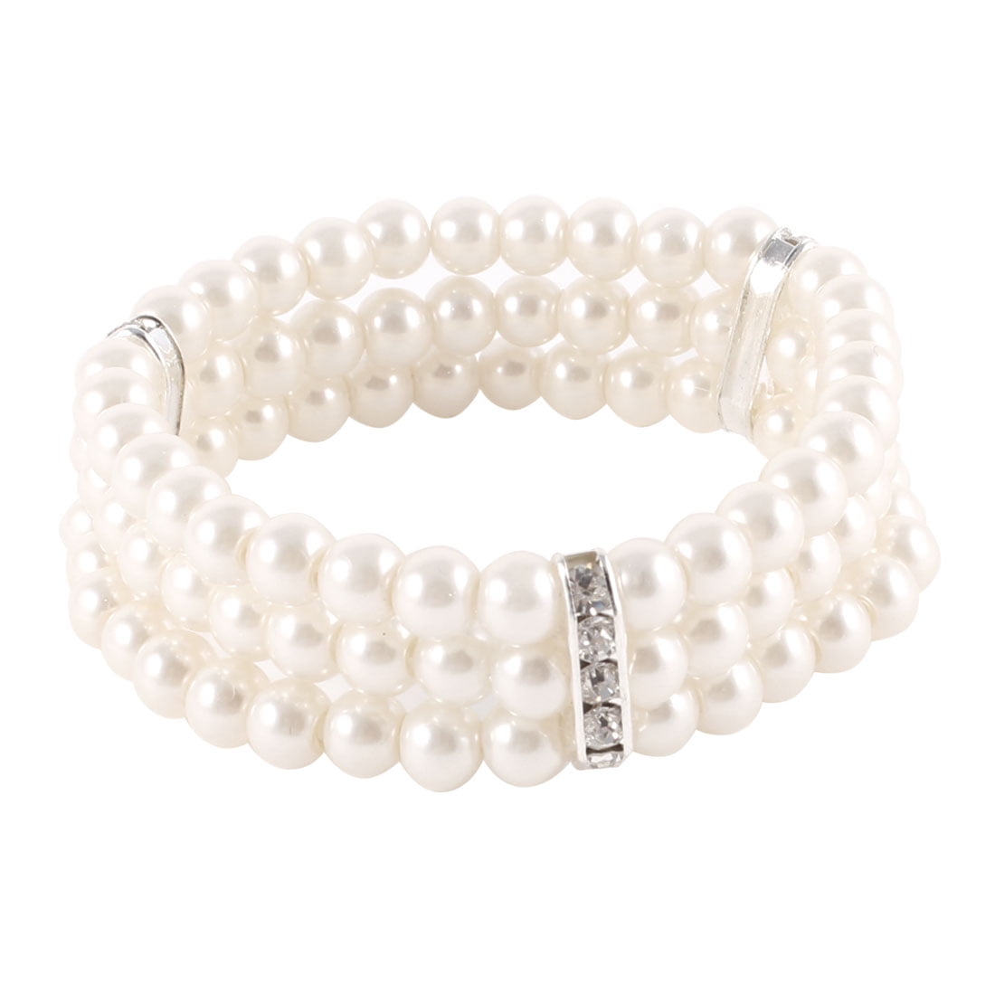 Fits any Wrist White Faux Pearl & Clear Crystal Alternating Stone Bracelet