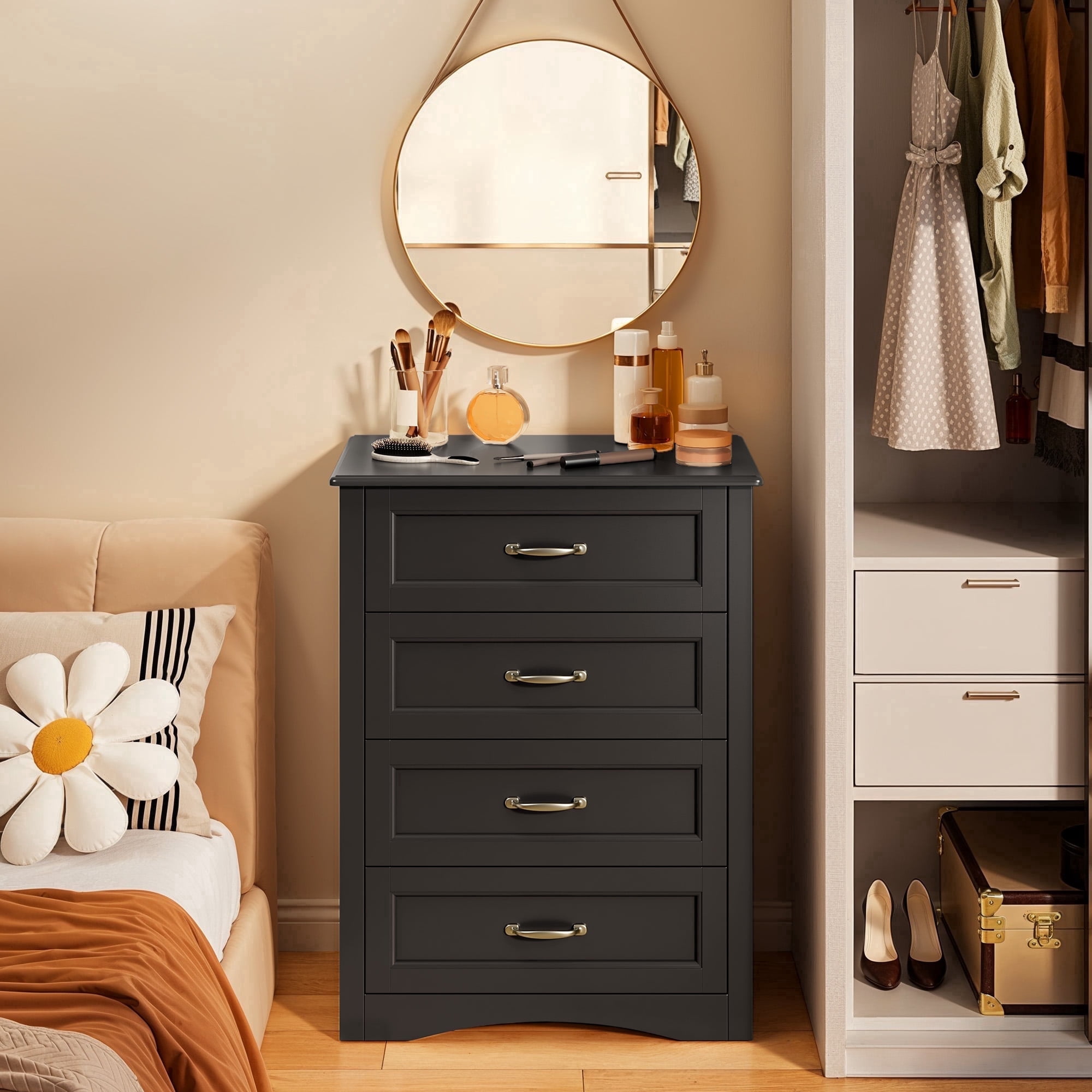 Noelse Dresser for Bedroom with 4 Drawers Wooden Chest of Drawers for Closet Dresser Storage Unit Organizer for Hallway Living Room and Office, Black