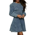 thumbnail image 2 of Denim Shirt Dress for Women Long Sleeve Crew Neck Denim Dresses Fall Cute A Line Mini Short Jean Dress Denim Blue M, 2 of 10