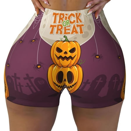 Workout Shorts Women  Halloween Pumpkin Trick or Treat Biker Shorts for Women Running Gym Spandex Shorts Tummy Control