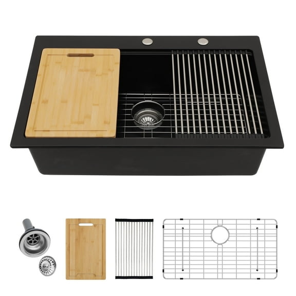 33x22 Inch Black Quartz Composite Workstation Kitchen Sink Drop-in Top-Mount Single Bowl Sink with 2 Faucet Holes