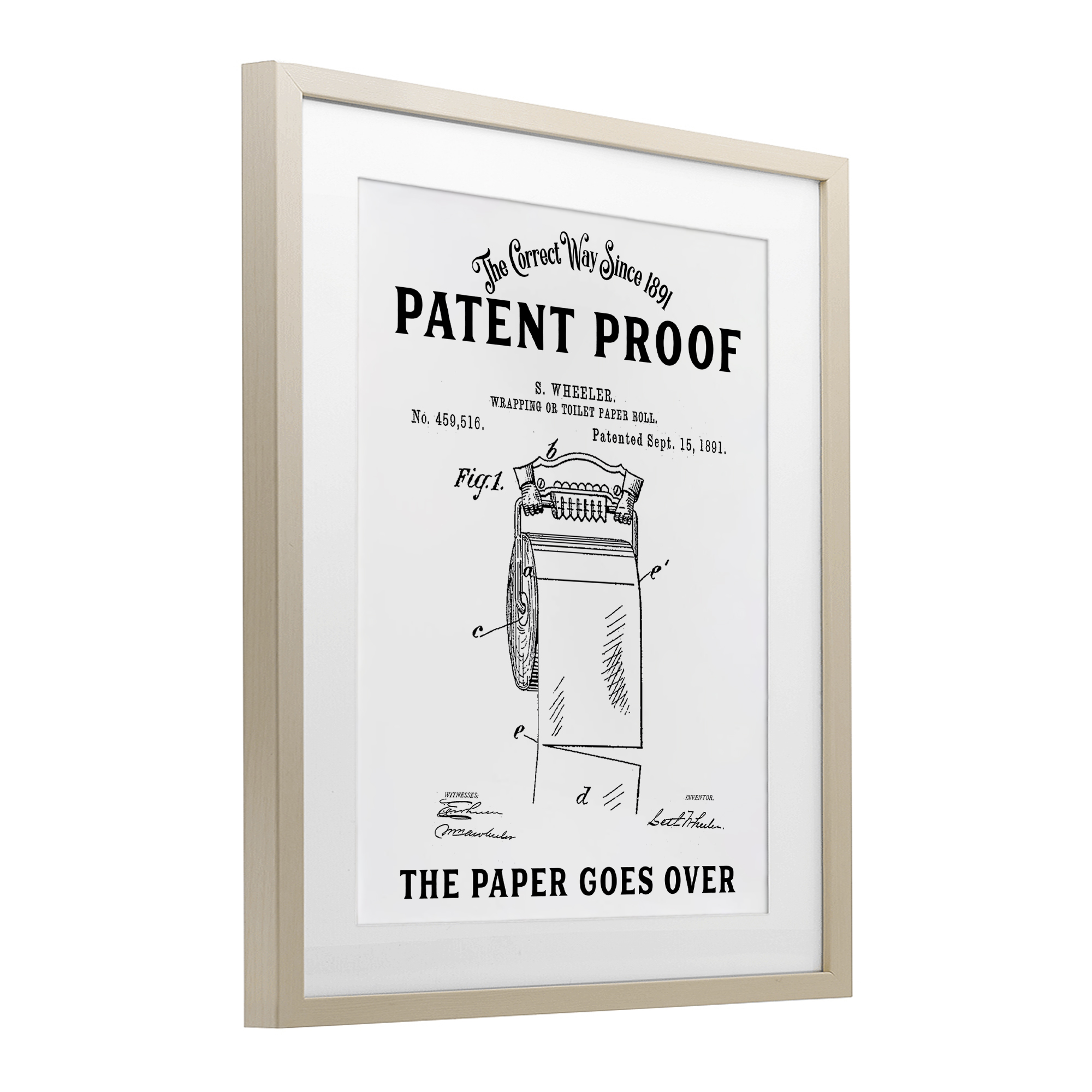 Toilet Paper Goes Over Birch Framed Print Under Glass, design by Lettered and Lined