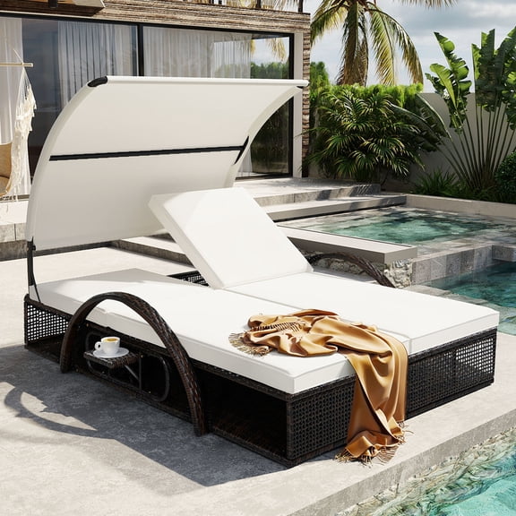 Bellemave Outdoor Daybed with Canopy, Steel Frame Sun Lounger with Adjustable Backrest, Patio Double Sunbed with Arched Armrests, Suitable for Patio Pool Deck, Garden, Backyard (Beige)