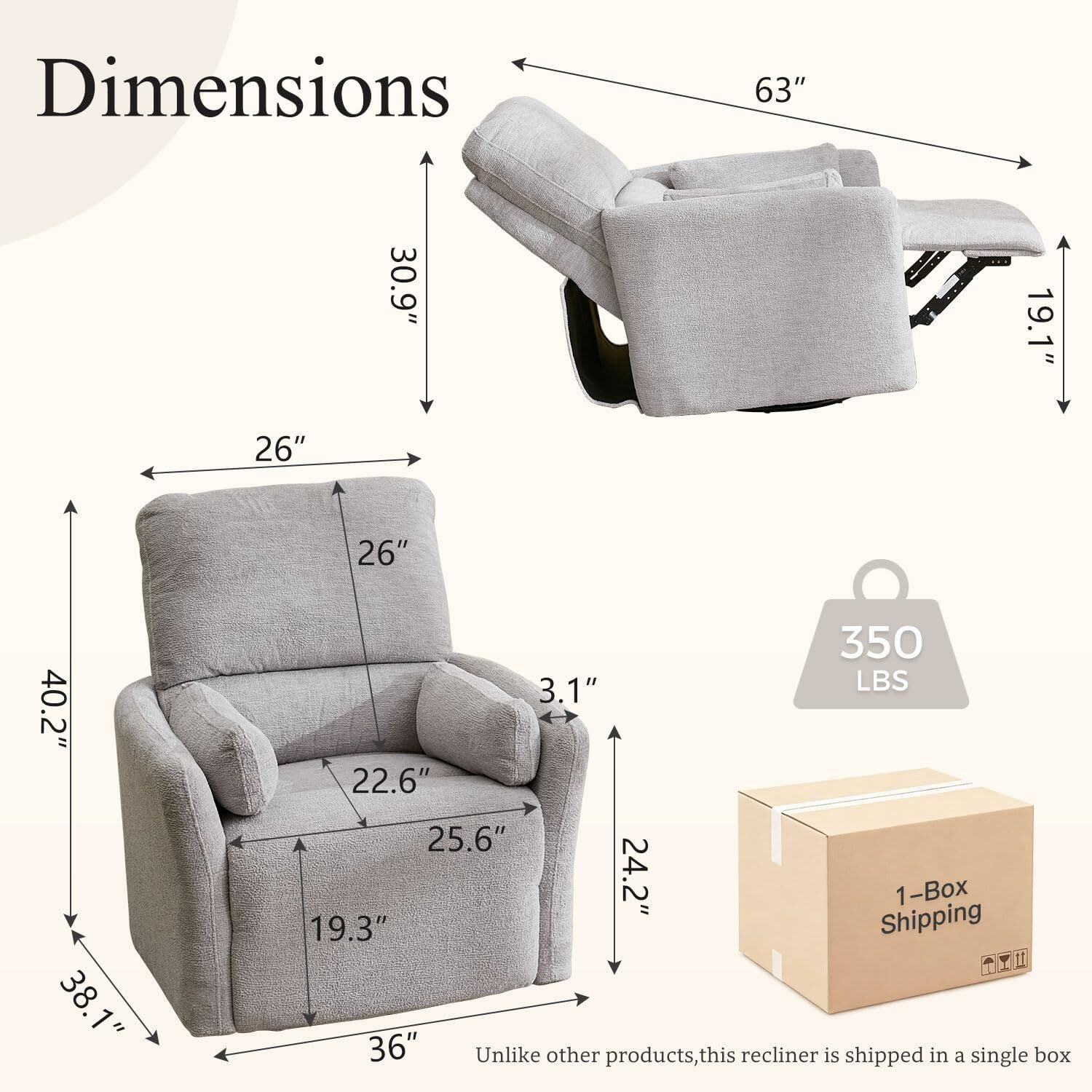 Power Swivel Rocker Recliner Chair with USB & Type-C Ports,Electric Glider Recliner with 2 Pillows,Suede,Gray