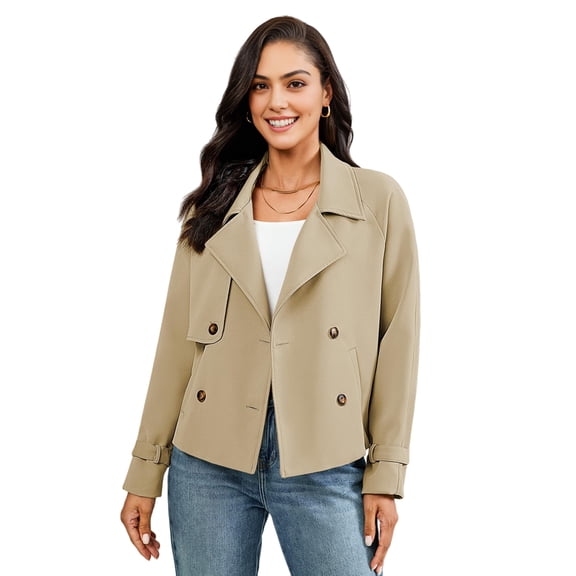 Women'S Short Trench Coat Double Breasted Long Sleeve Jacket Casual Spring Fall Outerwear Khaki S