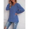 thumbnail image 3 of Camiseta de manga larga con cuello en V y mangas abullonadas para mujer: camiseta sencilla de color liso, azul oscuro XXL, 3 of 8
